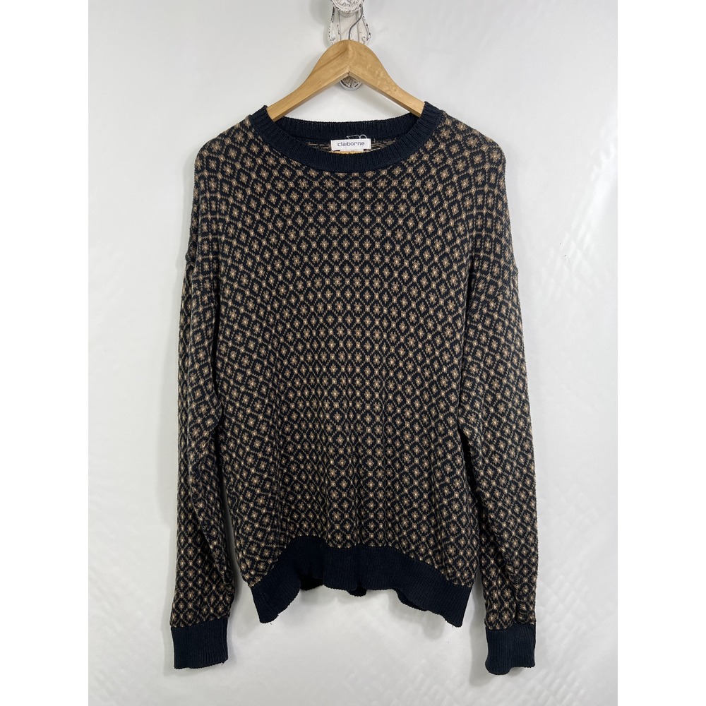 Claiborne Sweater XL Black Tan Geometric Diamond Knit 100% Cotton Made in USA